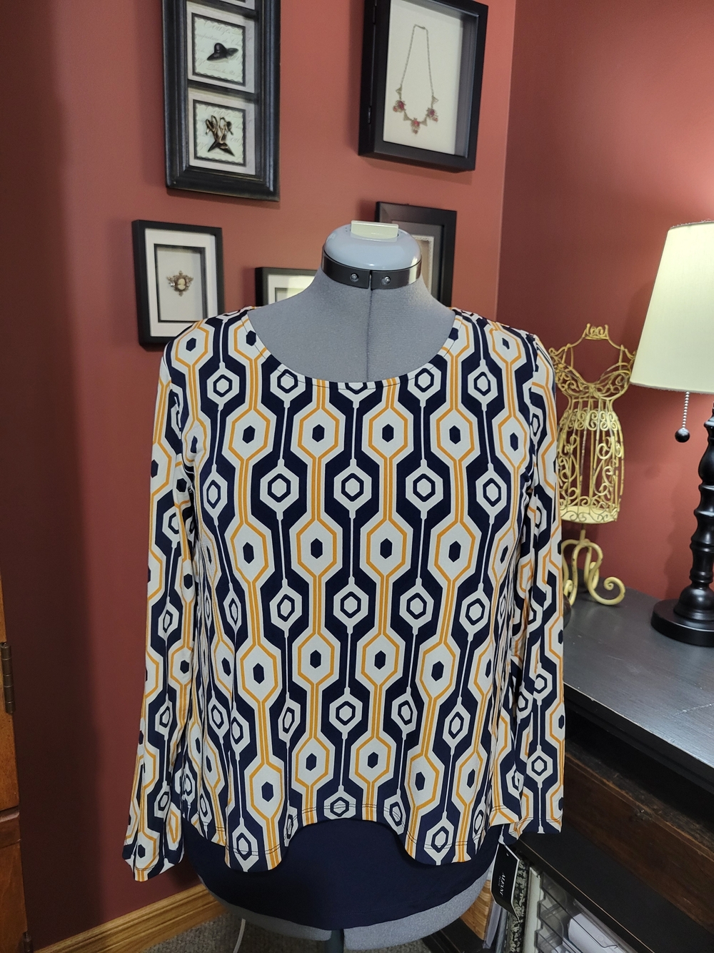 Alfani Navy & Mustard Geometric Long-Sleeve Blouse